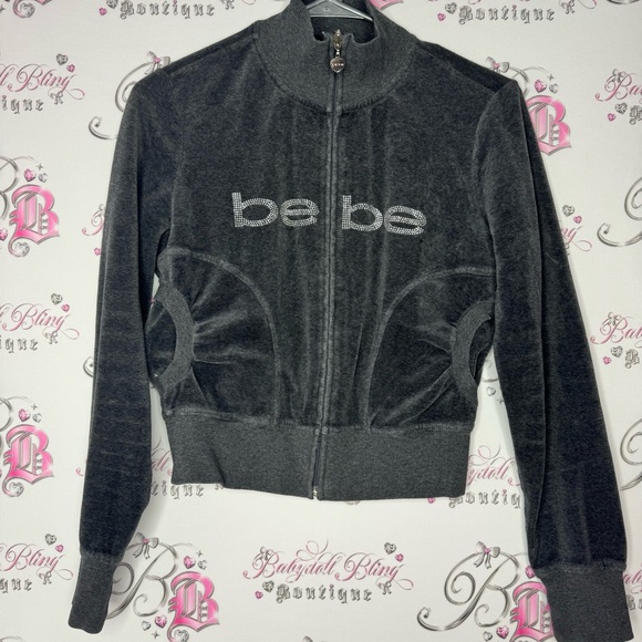 Bebe sweater zip up heart zipper pull bling diamond rhinestone logo velour - Picture 9 of 10